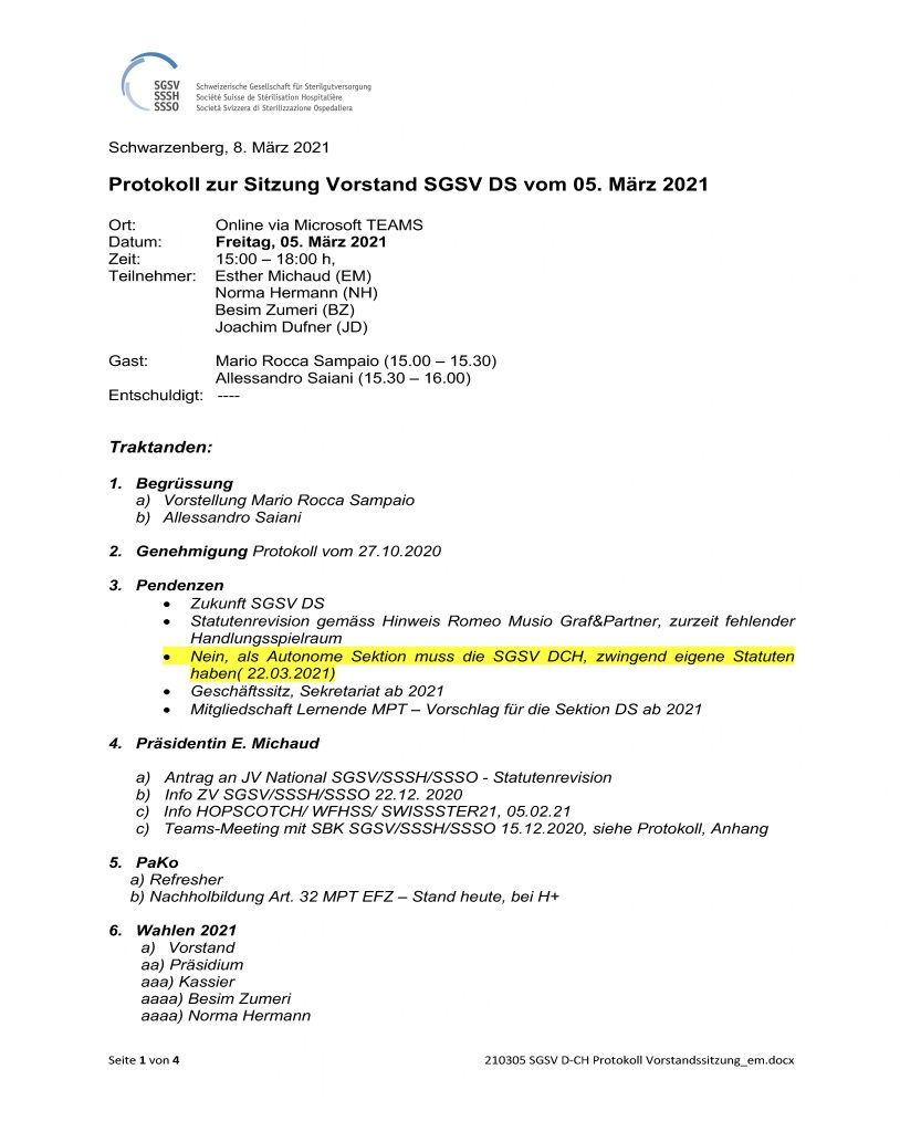 Protokoll zur Sitzung Vorstand SGSV DS vom 05. März 2021
